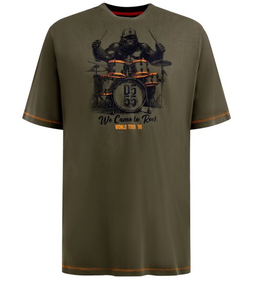 D555 Stockton Gorilla Playing Drums Crew Neck T-Shirt Khaki - T-shirts - Grote Maten T-shirts Heren