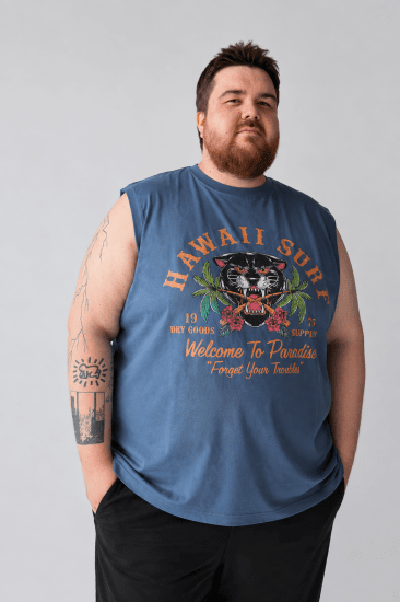 Kam Jeans 5763 Hawaii Surf Vest Vintage Indigo - T-shirts - Grote Maten T-shirts Heren