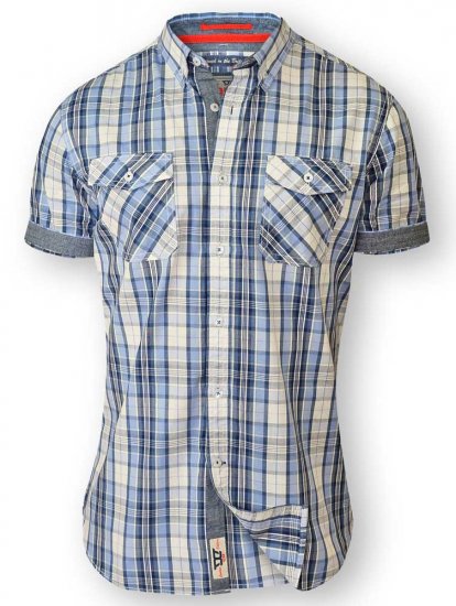 D555 FIDEL Twin Pocket Short Sleeve Blue & Ecru Check Shirt - Overhemden - Overhemden Grote Maten Heren