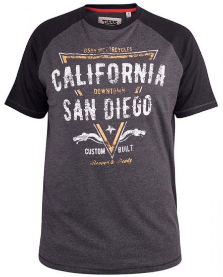 D555 Lismore Raglan Sleeve San Diego Printed T-Shirt Charcoal - T-shirts - Grote Maten T-shirts Heren