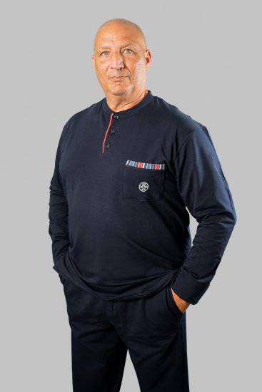 20 Nodi Long Pajamas in Stretch Fleece Cotton with Serafino Collar and Jacket with Pocket and Side Slits Navy - Pyjama's en Loungewear - Grote Maten Pyjama Heren