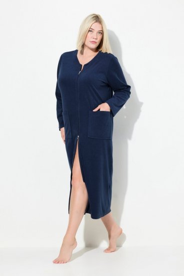 Ulla Popken 749967 Badstof badjas met rits Donkerblauw - Ochtendjassen & badjassen - 