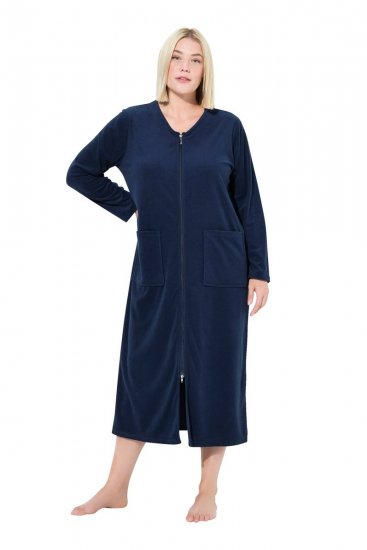 Ulla Popken 749967 Badstof badjas met rits Donkerblauw - Ochtendjassen & badjassen - 