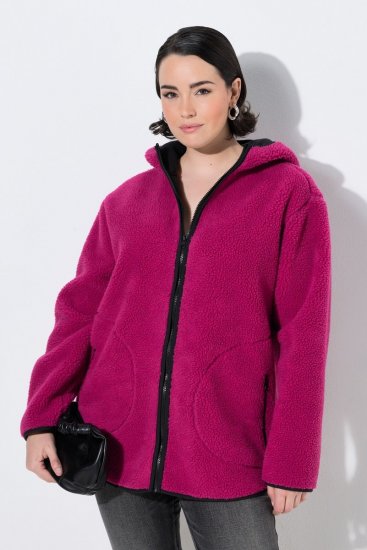 Ulla Popken 823371 Teddyjas met capuchon en doorgestikte zakken Fuchsia - Fleecekleding - 