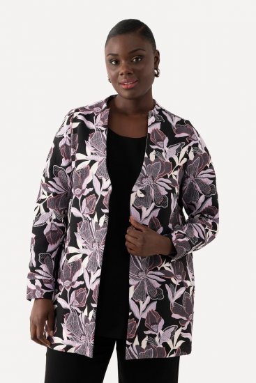 Ulla Popken 823967 Gebloemde jacquard blazer met driekwartmouwen Zwart - Blazers - Blazers in grote maten voor dames