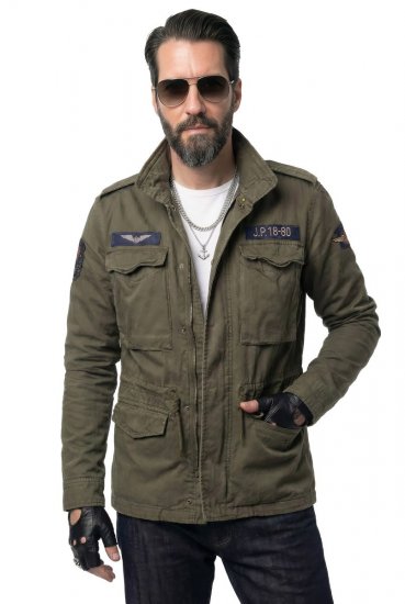 JP1880 Field Jacket with Badges Vintage Look TALL Moss Green - TALL jassen - TALL jassen met extra lengte