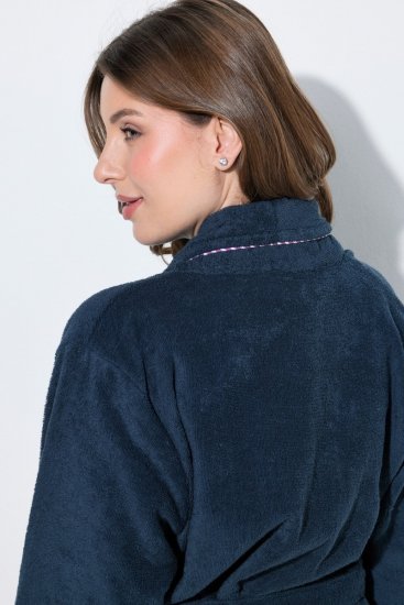 Ulla Popken 826794 Badstof badjas Donkerblauw - Ochtendjassen & badjassen - 