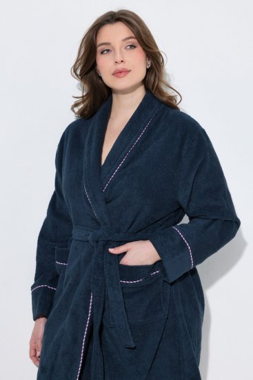 Ulla Popken 826794 Badstof badjas Donkerblauw - Ochtendjassen & badjassen - 