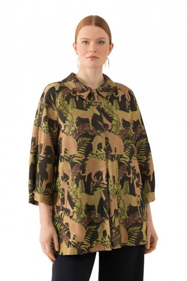 Ulla Popken 827217 Blouse met korte mouwen en savanneprint Zwart - Blouseshirts - Blouses in overhemdstijl