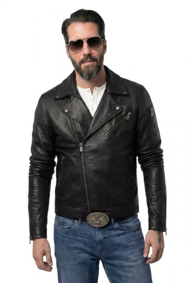 JP1880 830586 Bikerjack van lamsnappa Zwart - Jassen - Grote Maten Herenjassen