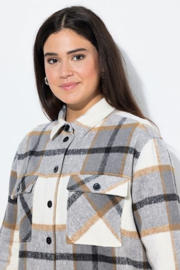 Ulla Popken 831641 Geruit overshirt van wolmix Antraciet - Jassen - Damesjassen in grote maten
