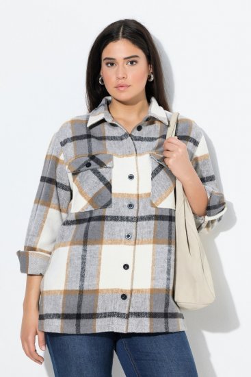 Ulla Popken 831641 Geruit overshirt van wolmix Antraciet - Jassen - Damesjassen in grote maten