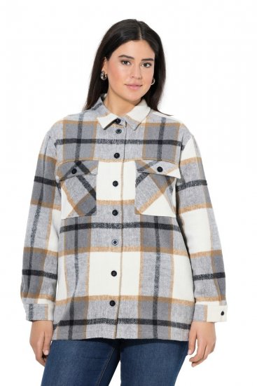 Ulla Popken 831641 Geruit overshirt van wolmix Antraciet - Jassen - Damesjassen in grote maten