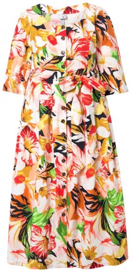 Ulla Popken 832512 Gebloemde jurk van linnenmix met driekwartmouwen Rood - Maxi jurken - Maxi jurken in grote maten