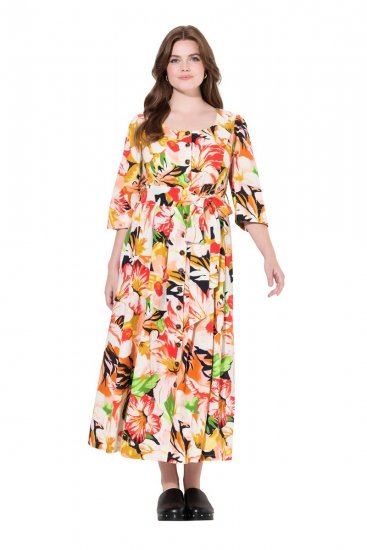 Ulla Popken 832512 Gebloemde jurk van linnenmix met driekwartmouwen Rood - Maxi jurken - Maxi jurken in grote maten