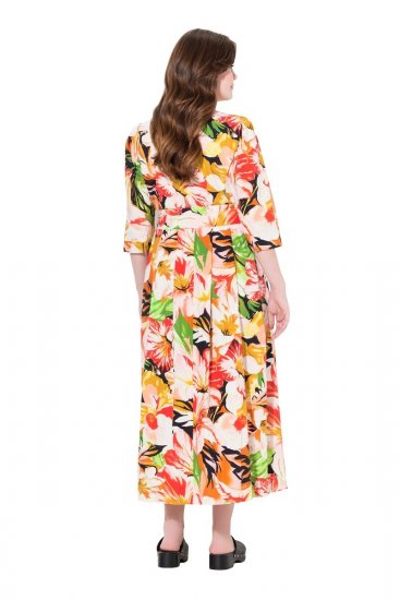 Ulla Popken 832512 Gebloemde jurk van linnenmix met driekwartmouwen Rood - Maxi jurken - Maxi jurken in grote maten