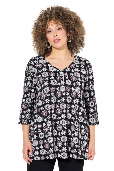 Ulla Popken Snowflake Print 3/4 Sleeve A-Line Tee Black - Bedrukte T-shirts voor dames - 