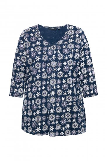 Ulla Popken Snowflake Print 3/4 Sleeve A-Line Tee Navy - Bedrukte T-shirts voor dames - 