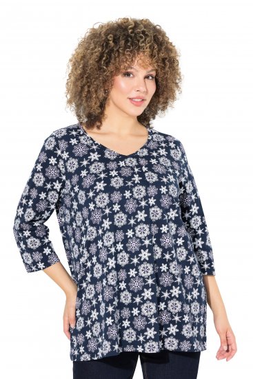 Ulla Popken Snowflake Print 3/4 Sleeve A-Line Tee Navy - Bedrukte T-shirts voor dames - 