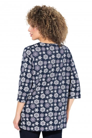 Ulla Popken Snowflake Print 3/4 Sleeve A-Line Tee Navy - Bedrukte T-shirts voor dames - 