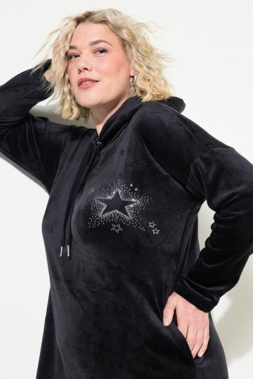 Ulla Popken 834550 Jurk met lange mouwen en capuchon Zwart - Sweatjurken - 