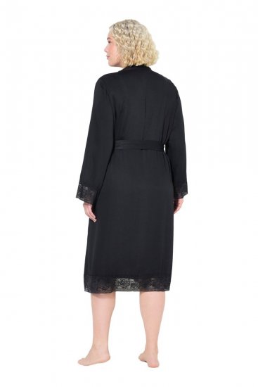 Ulla Popken 834837 Kimono badjas met kant Zwart - Ochtendjassen & badjassen - 