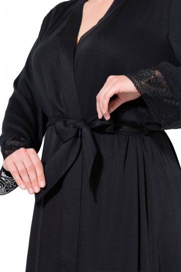 Ulla Popken 834837 Kimono badjas met kant Zwart - Ochtendjassen & badjassen - 