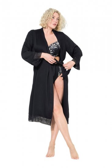 Ulla Popken 834837 Kimono badjas met kant Zwart - Ochtendjassen & badjassen - 