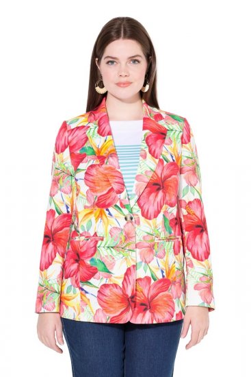 Ulla Popken 835230 Katoenen blazer met bloemen Rood - Blazers - Blazers in grote maten voor dames