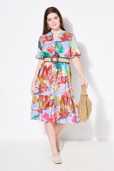 Ulla Popken 836746 Gebloemde midi-jurk met ruches Lichtblauw - Midi jurken - Midi jurken in grote maten