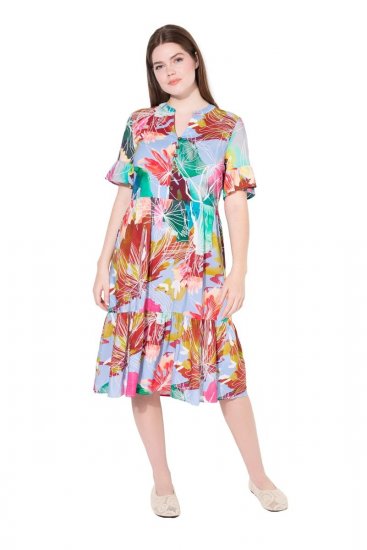 Ulla Popken 836746 Gebloemde midi-jurk met ruches Lichtblauw - Midi jurken - Midi jurken in grote maten