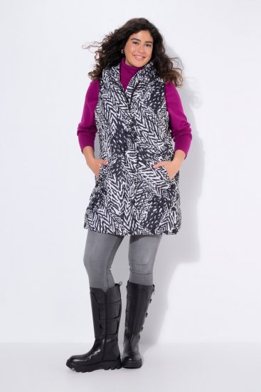 Ulla Popken 838435 Lang gewatteerd vest met print Zwart - Bodywarmers - 
