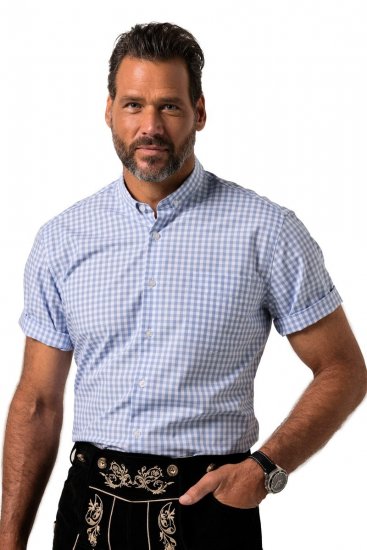 JP1880 Shirt Traditional Short Sleeve Checked Light Blue - Overhemden - Overhemden Grote Maten Heren