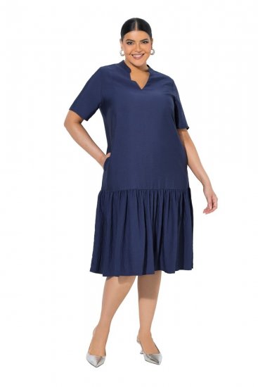 Ulla Popken 840367 Midi-jurk met korte mouwen en V-hals Donkerblauw - Midi jurken - Midi jurken in grote maten