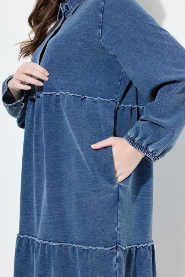 Ulla Popken 840972 Sweatjurk met ruches Indigo - Sweatjurken - 