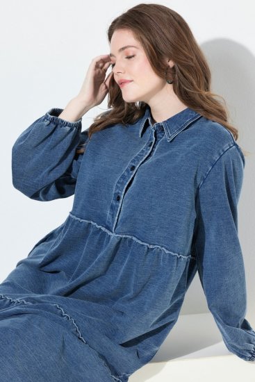 Ulla Popken 840972 Sweatjurk met ruches Indigo - Sweatjurken - 
