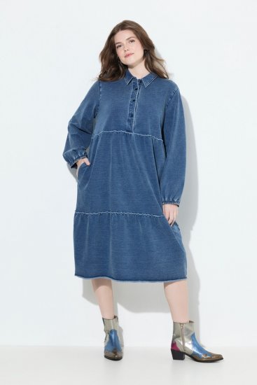 Ulla Popken 840972 Sweatjurk met ruches Indigo - Sweatjurken - 