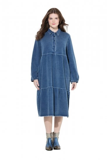 Ulla Popken 840972 Sweatjurk met ruches Indigo - Sweatjurken - 