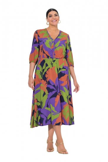 Ulla Popken 841034 Bedrukte jurk met driekwartmouwen Donkerblauw - Maxi jurken - Maxi jurken in grote maten