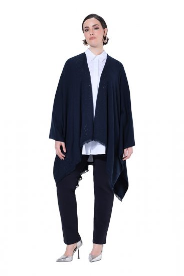 Ulla Popken 841117 Oversized gebreide poncho met strass Donkerblauw - Poncho's & capes - 