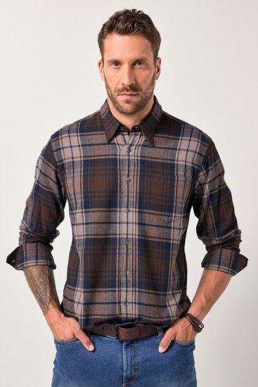 JP1880 Shirt Flannel Long Sleeve Dark Brown - Overhemden - Overhemden Grote Maten Heren