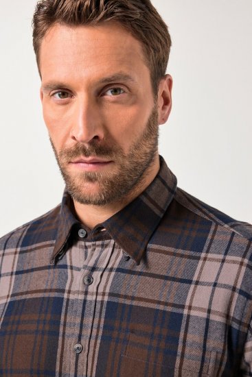 JP1880 Shirt Flannel Long Sleeve Dark Brown - Overhemden - Overhemden Grote Maten Heren
