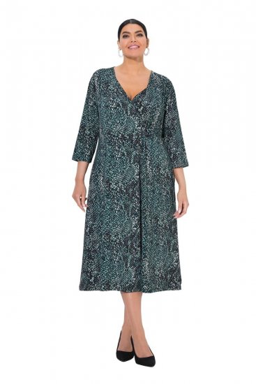 Ulla Popken 841839 Jersey jurk met dierenprint en driekwartmouwen Donkergroen - Midi jurken - Midi jurken in grote maten