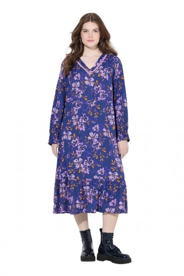 Ulla Popken 841873 Gebloemde midi-jurk Donkerblauw - Midi jurken - Midi jurken in grote maten
