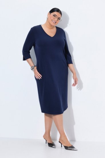 Ulla Popken 841952 Sweatjurk met V-hals Donkerblauw - Kleedjes - Jurken in alle maten
