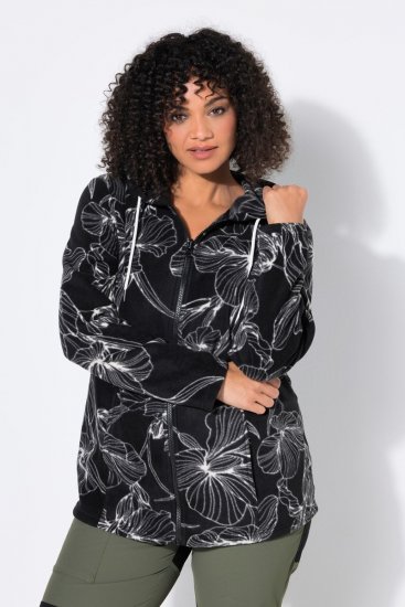 Ulla Popken 842758 Gebloemde fleecejas met capuchon Zwart - Fleecekleding - 