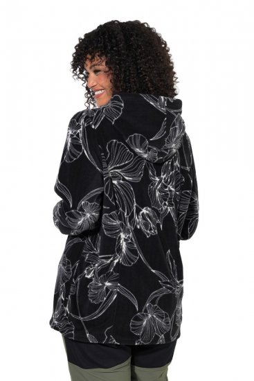 Ulla Popken 842758 Gebloemde fleecejas met capuchon Zwart - Fleecekleding - 