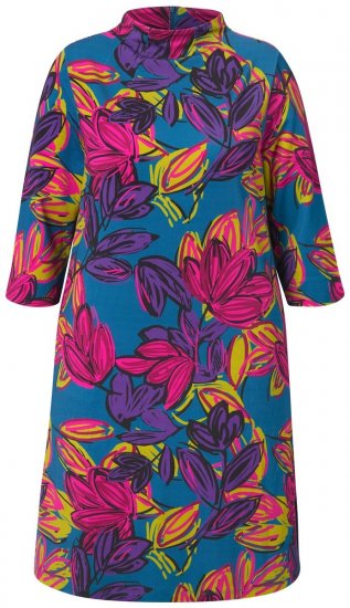 Ulla Popken 843180 Gebloemde jersey jurk Petrol - Kleedjes - Jurken in alle maten
