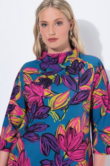 Ulla Popken 843180 Gebloemde jersey jurk Petrol - Kleedjes - Jurken in alle maten