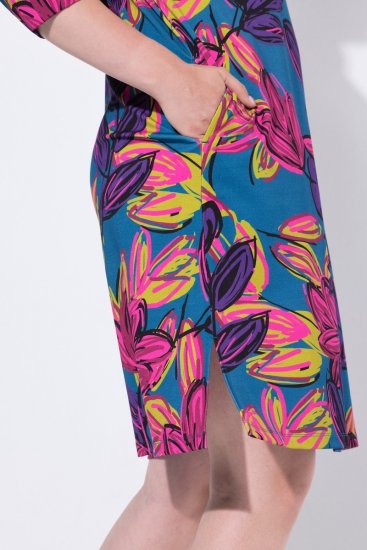 Ulla Popken 843180 Gebloemde jersey jurk Petrol - Kleedjes - Jurken in alle maten